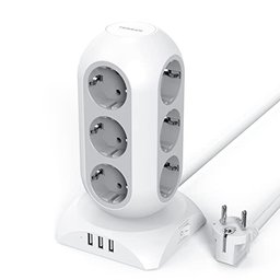 torre enchufes vertical de 12 tomas con 3 usb, regletas enchufes usb con cable de extensión de 2m, alargador de enchufes múltiples, enchufes vertical para hogar